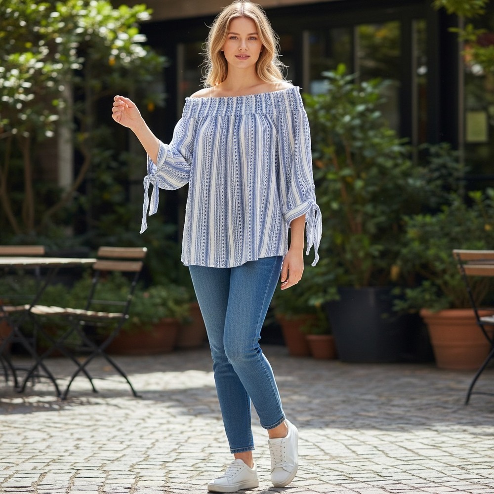 Unique Spectrum Womens 3X Blue White Tribal Print Off Shoulder Tie Sleeve Blouse